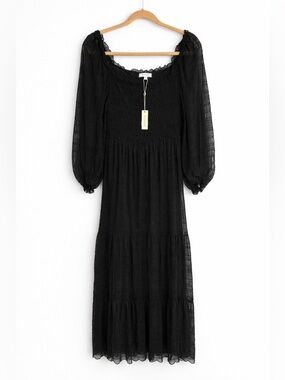 Max Studio Black Smocked Midi Dress Sheer Sleeve Soft Goth Dark Romance Sz S NWT
